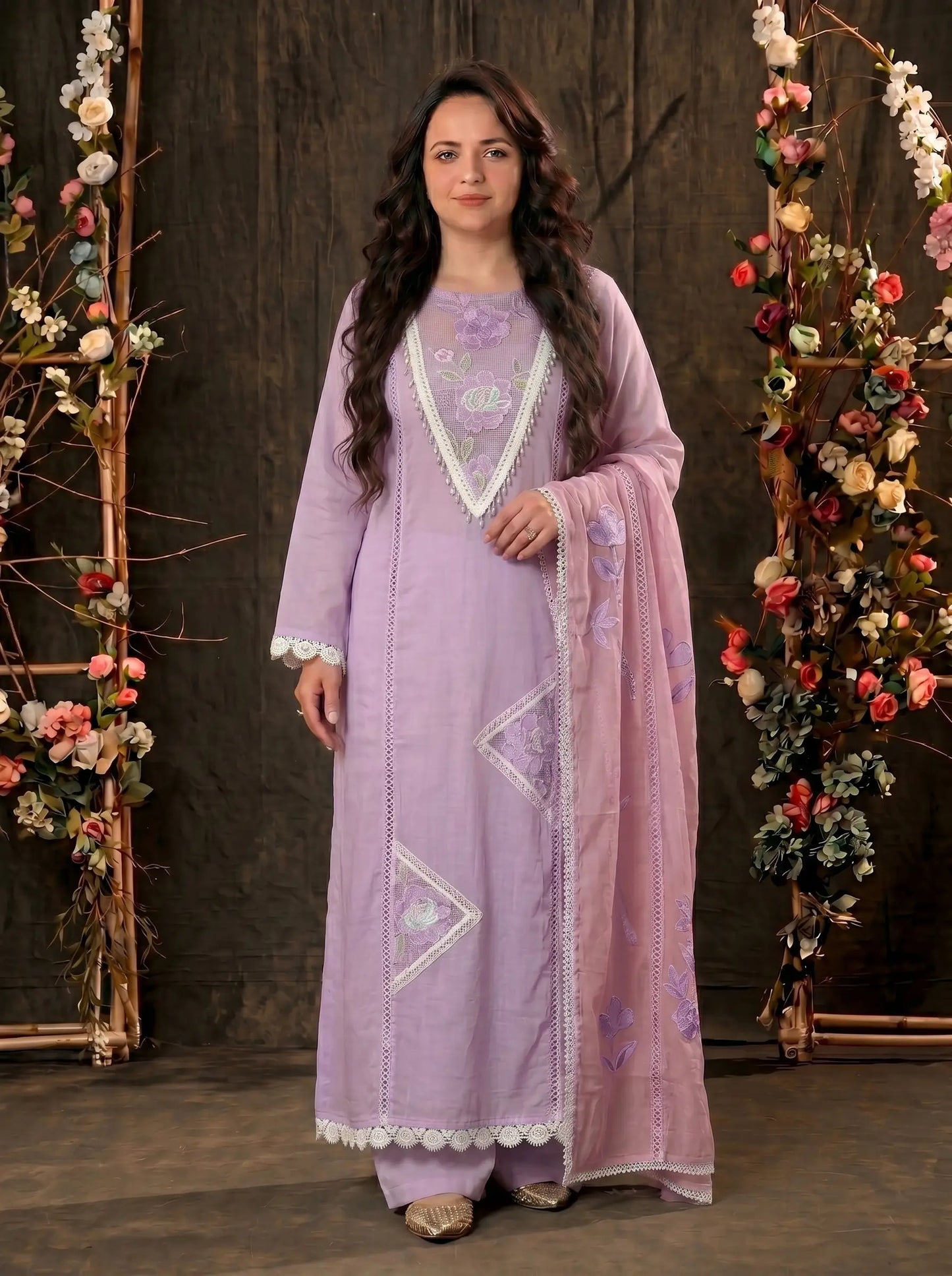 Floral Ethnic Lavender Mull Cotton Suit with Embroidered Designer Dupatta
