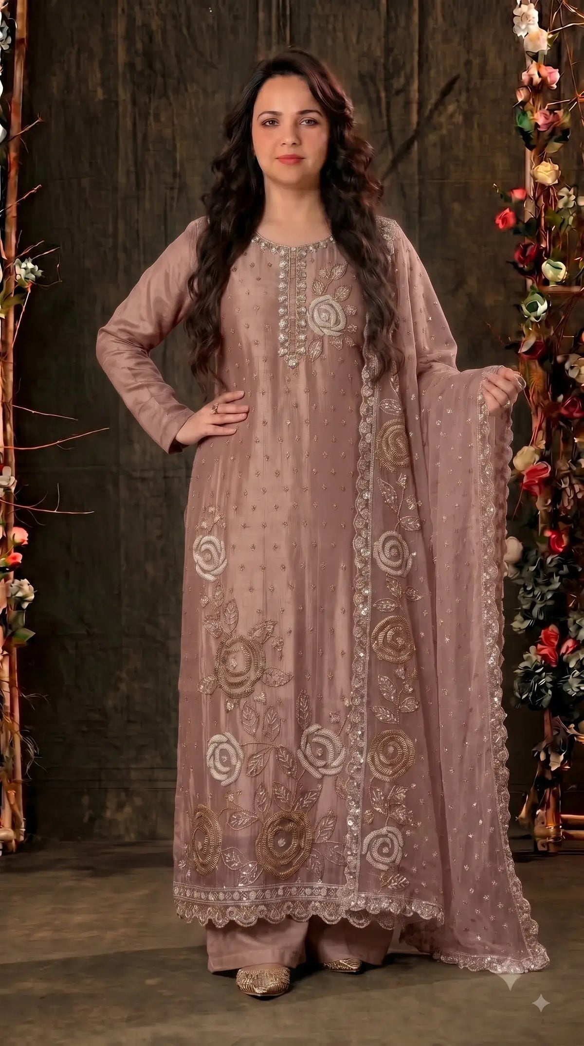 Premium Dusty Rose Taupe Soft Tissue Designer Suit with Pearl Work