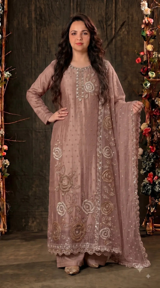 Premium Dusty Rose Taupe Soft Tissue Designer Suit with Pearl Work
