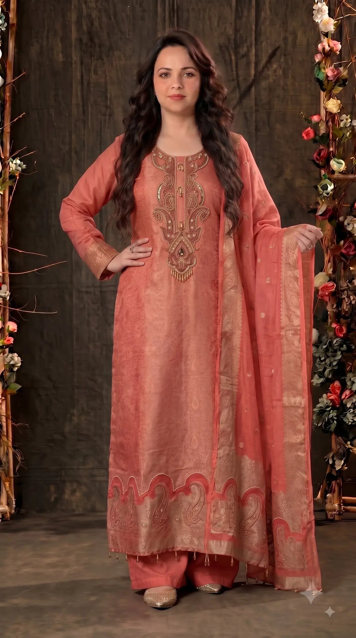 Premium Designer Coral Peach Soft Tissue Suit with Pearl, Bead & Stone