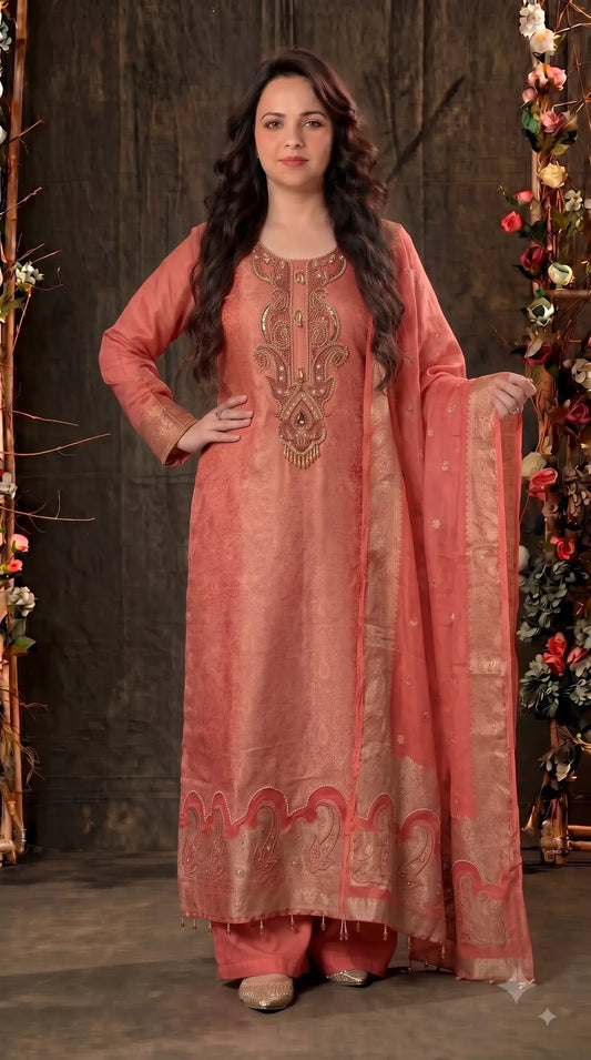 Premium Designer Coral Peach Soft Tissue Suit with Pearl, Bead & Stone