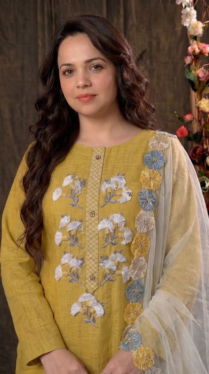 Mustard Yellow Designer Cotton Suit with Boutique Finish