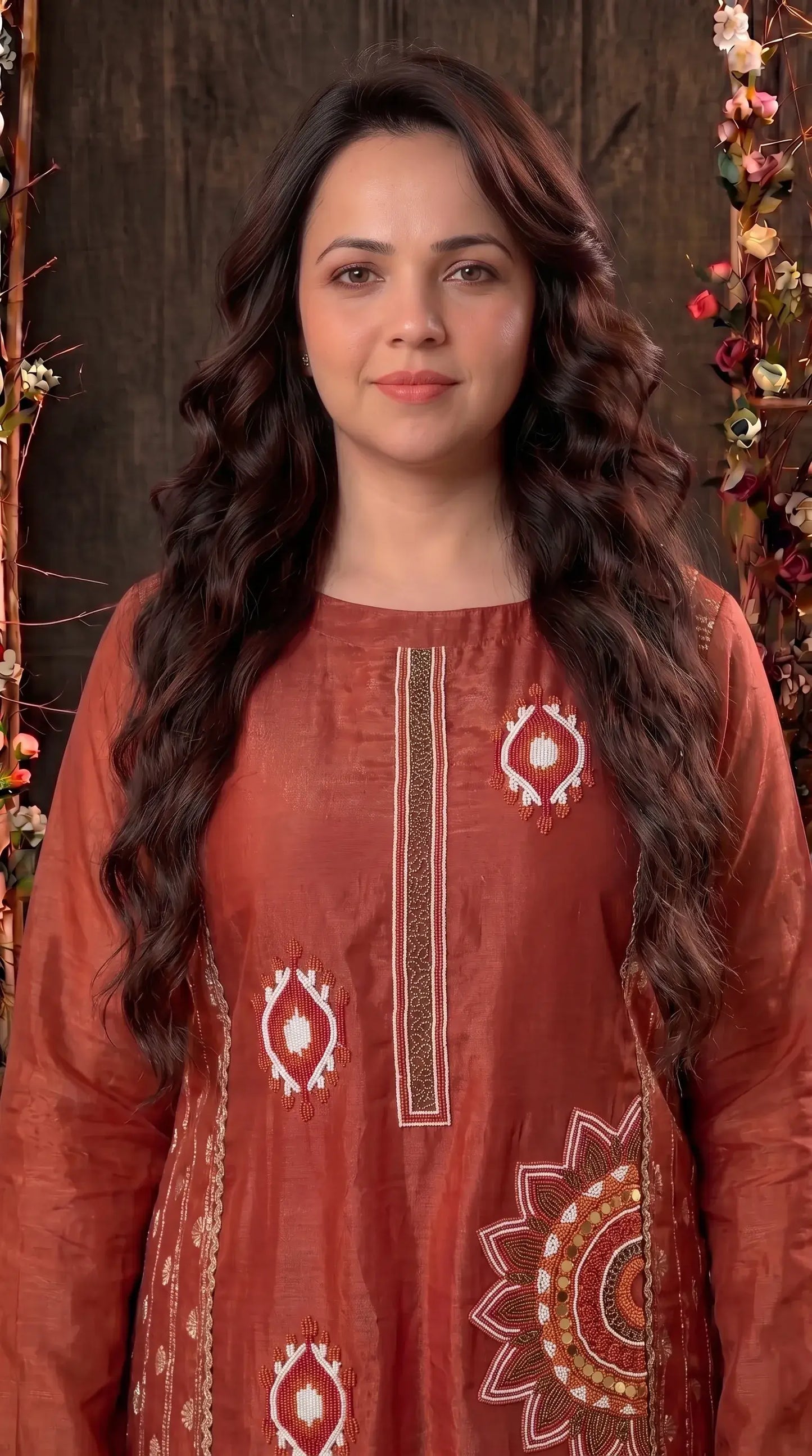 Premium Designer Rust Tissue Suit with Hand-Beaded Embroidery
