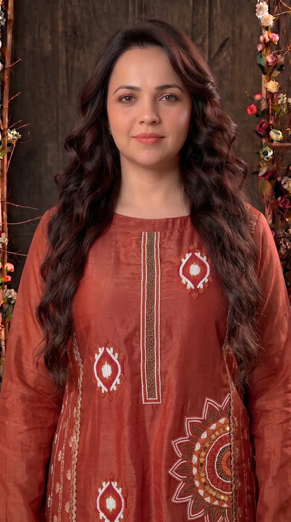 Premium Designer Rust Tissue Suit with Hand-Beaded Embroidery