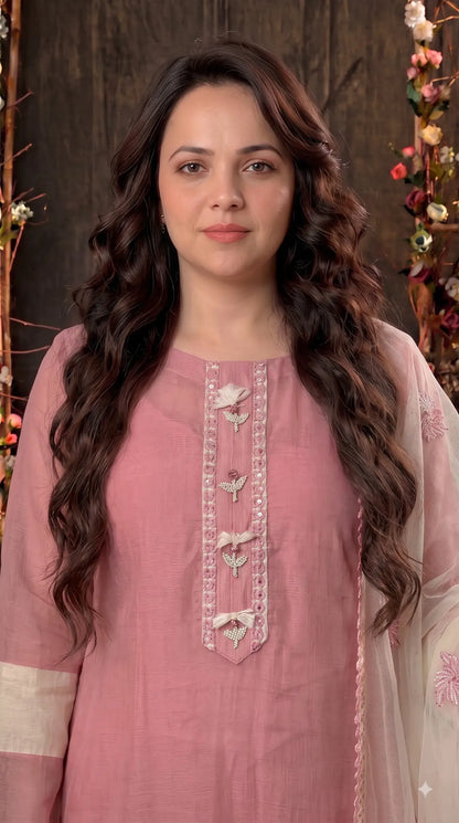 Premium Designer Dusty Pink Kota Pakistani Suit with Elegant Embroidery