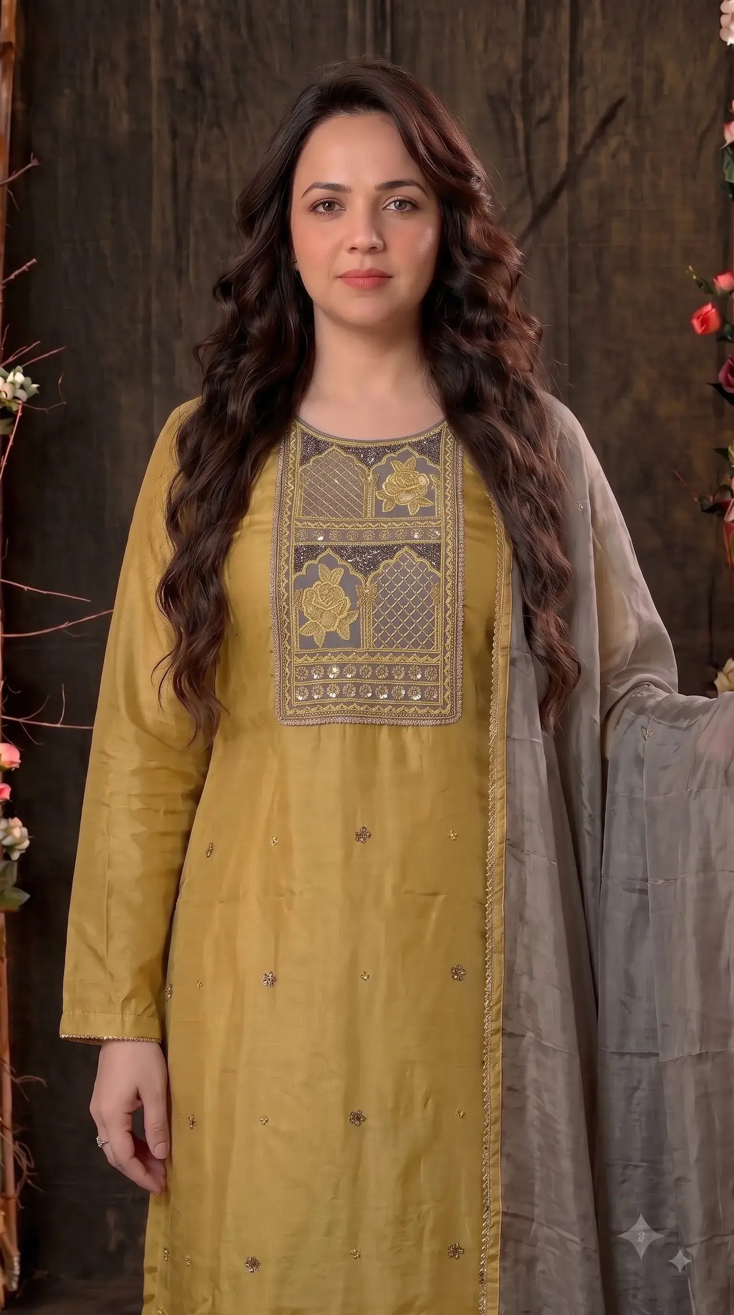 Premium Designer Mustard Gold Pakistani Suit with Grey Embroidered Dupatta