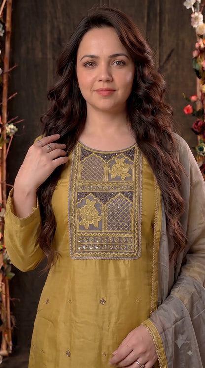 Premium Designer Mustard Gold Pakistani Suit with Grey Embroidered Dupatta
