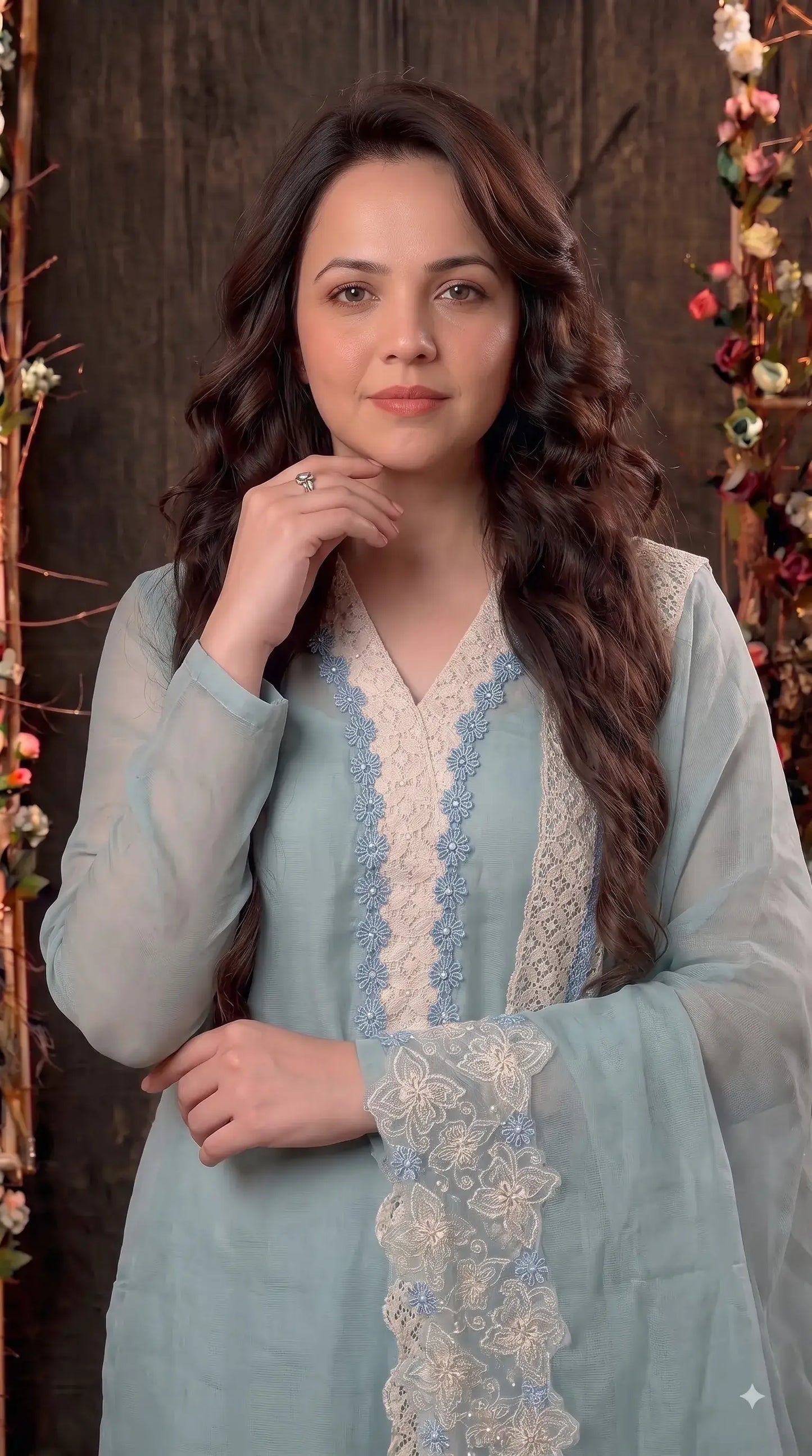 Premium Designer Powder Green Soft Cotton Pakistani Suit with Pearl & Lace Work