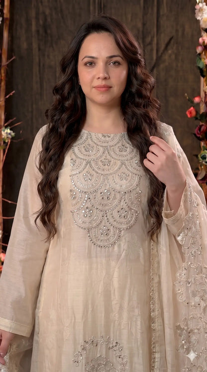 Premium Designer Ivory Soft Tissue Pakistani Suit with Mirror, Pearl & Floral Work