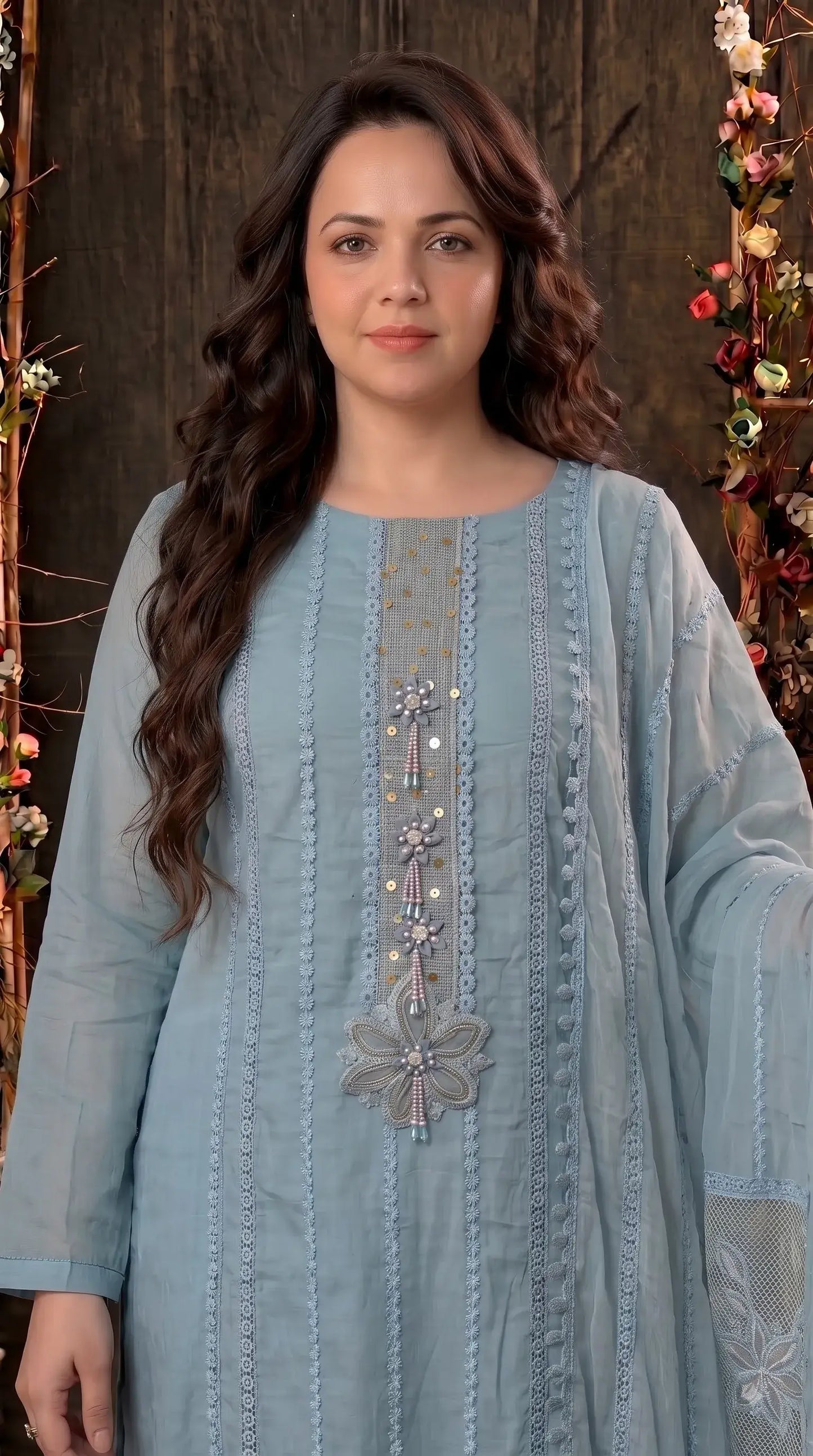 Premium Designer Powder Blue Soft Mul Pakistani Suit with Pearl Tassel Work