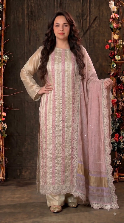 Premium Designer Beige & Blush Pink Tissue Suit