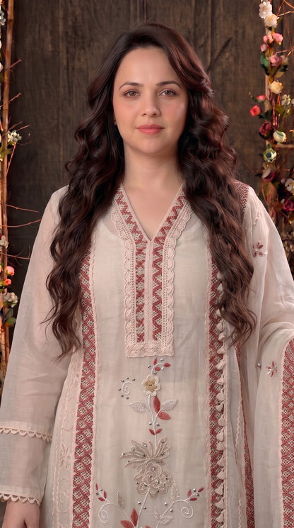 Soft Floral Pakistani Mull Cotton Suit with Dusty Rose Embroidery