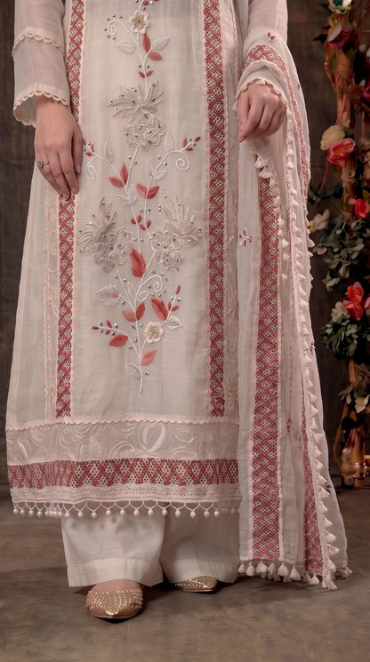 Soft Floral Pakistani Mull Cotton Suit with Dusty Rose Embroidery
