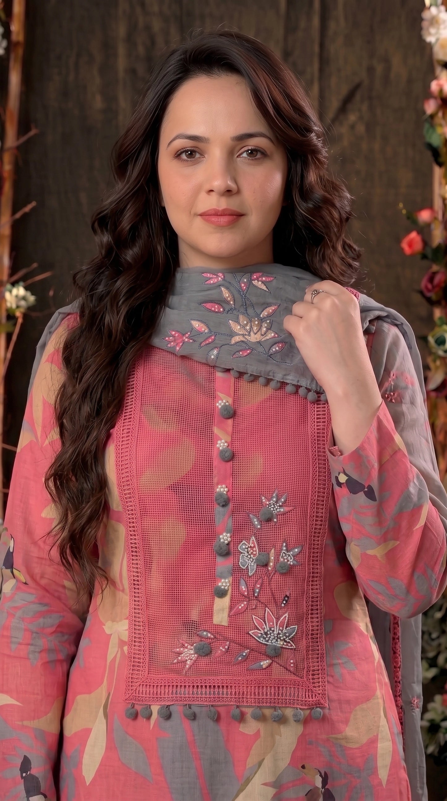 Pink Designer Ethnic Suit with Floral Print & Lace Work