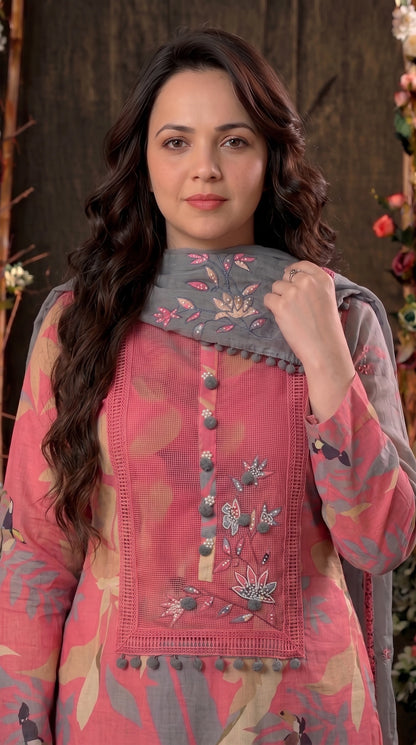 Pink Designer Ethnic Suit with Floral Print & Lace Work