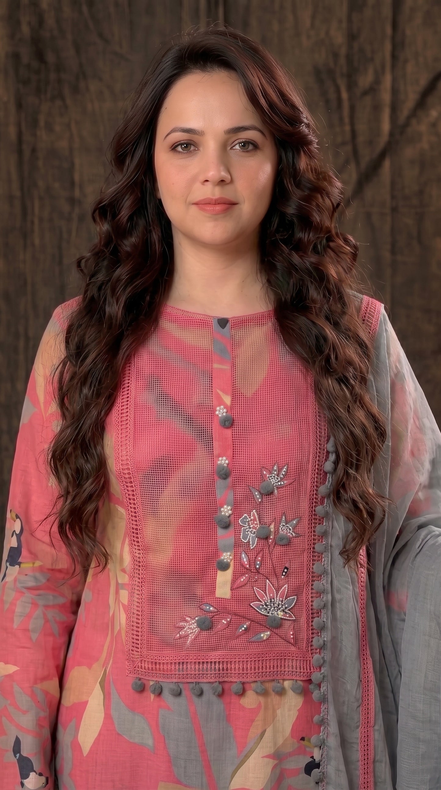 Pink Designer Ethnic Suit with Floral Print & Lace Work