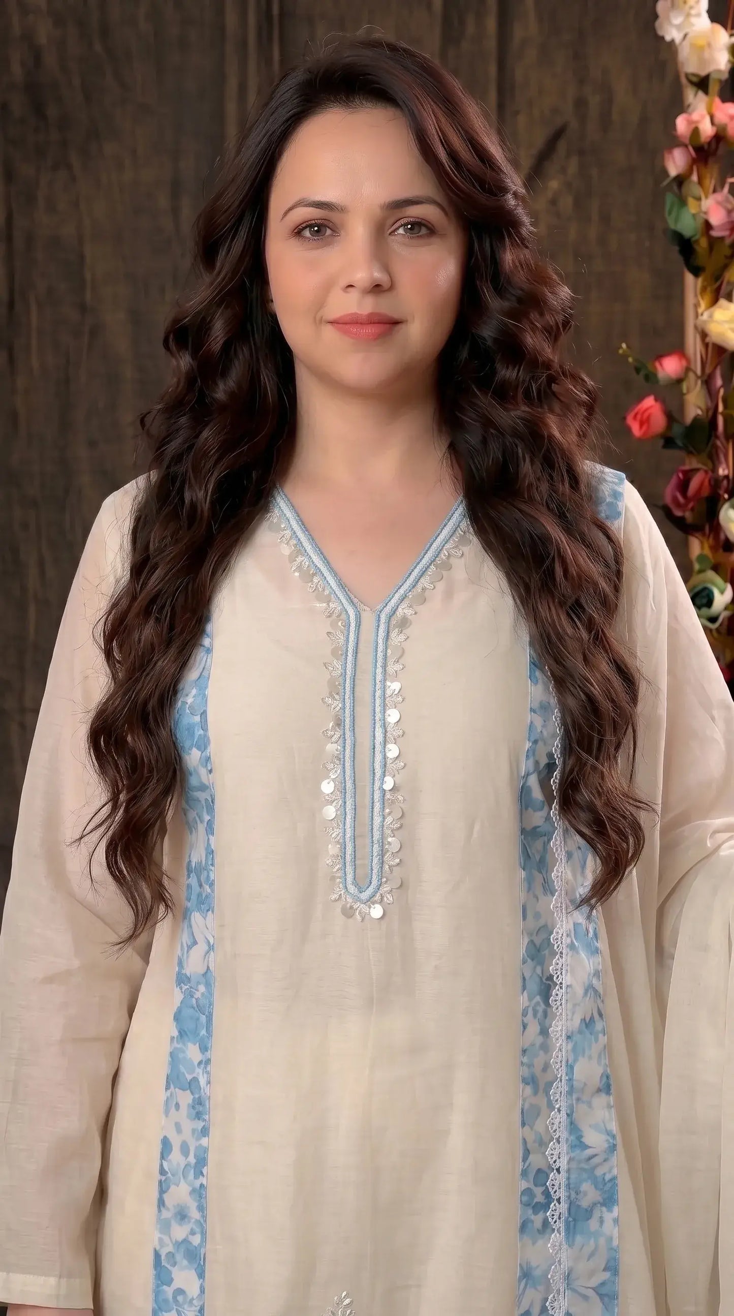 Ivory Blue Floral Designer Suit with Boutique Finish