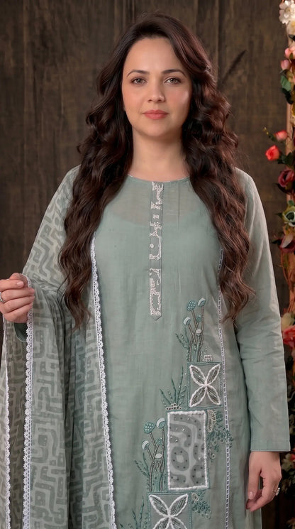 Sage Green Cotton Suit with Embroidered Panel & Printed Dupatta