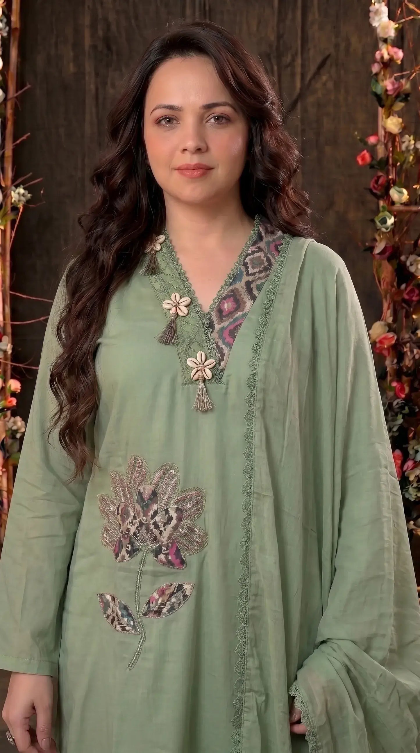 Green designer Suit with Floral Appliqué & Lace Detailing
