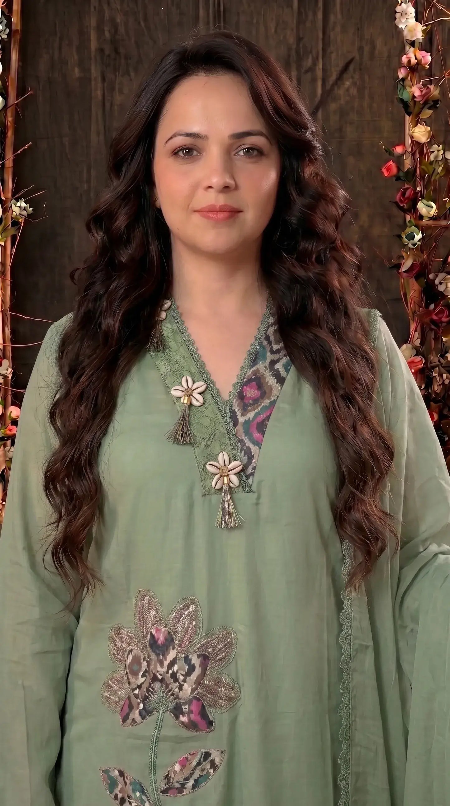 Green designer Suit with Floral Appliqué & Lace Detailing
