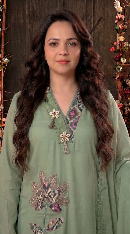 Green designer Suit with Floral Appliqué & Lace Detailing