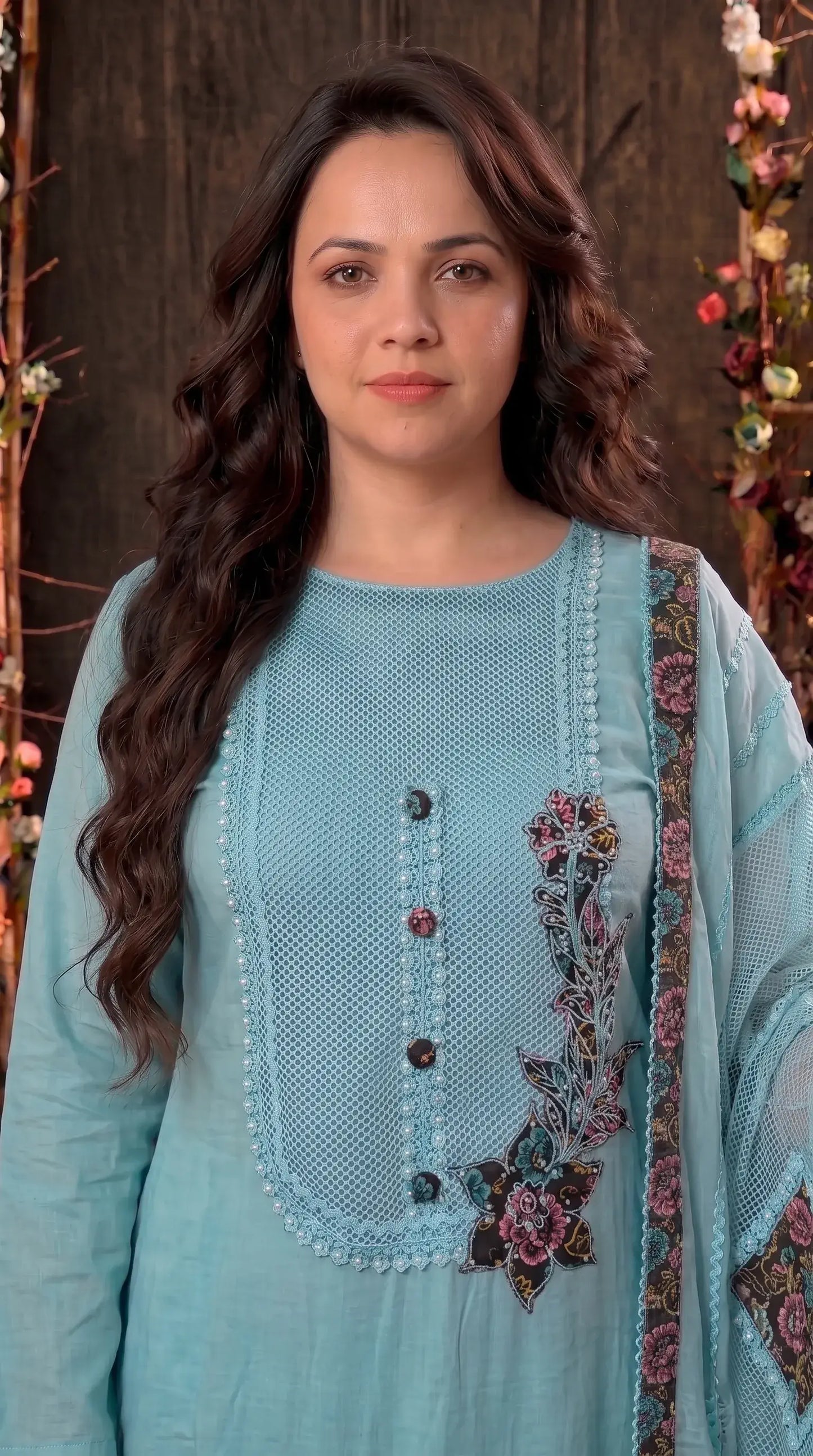 Ice Blue Floral Embroidered Designer Suit