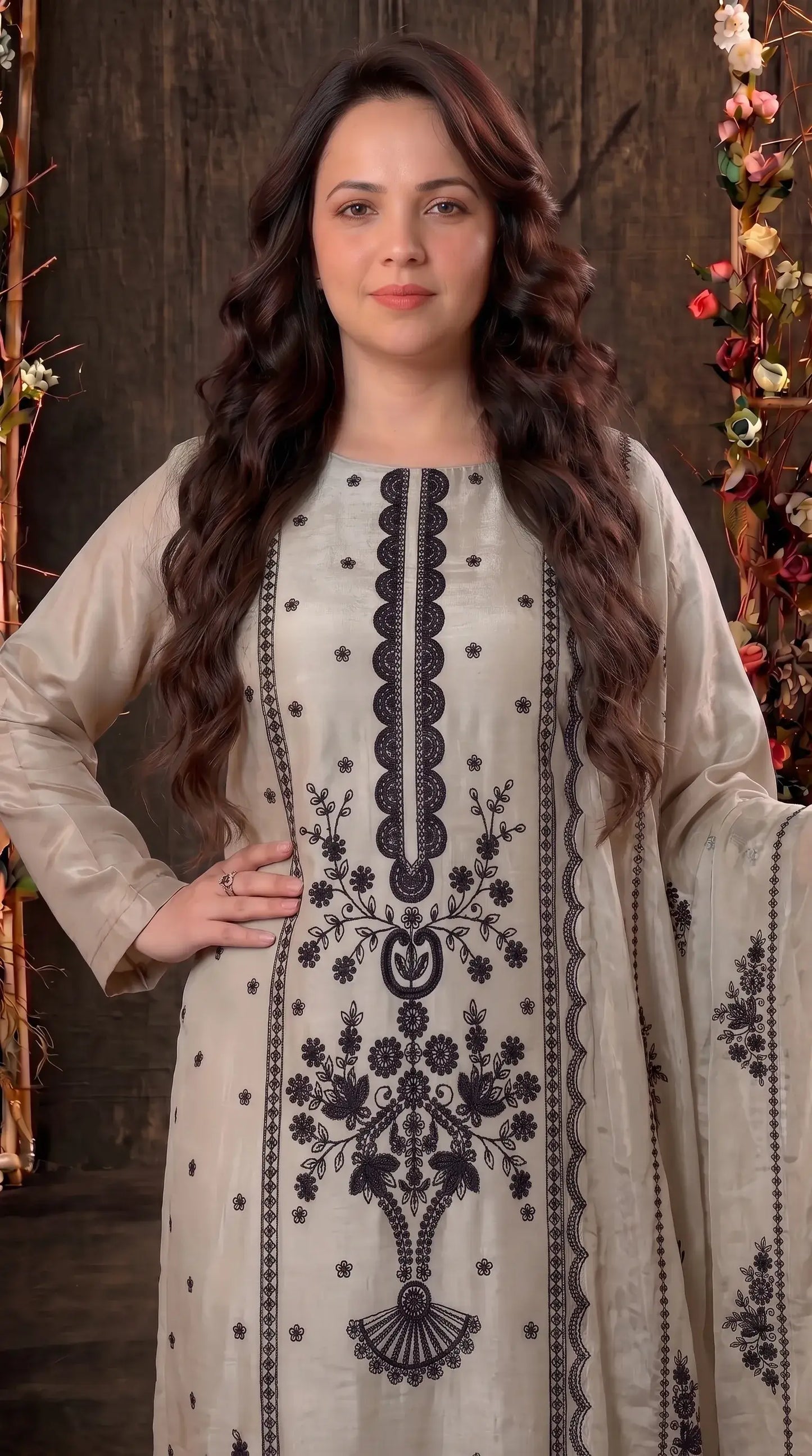 Premium Designer Ivory Tissue Suit with Black Hand Embroidery & Pearl Work