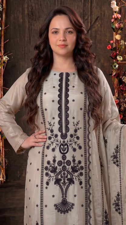 Premium Designer Ivory Tissue Suit with Black Hand Embroidery & Pearl Work