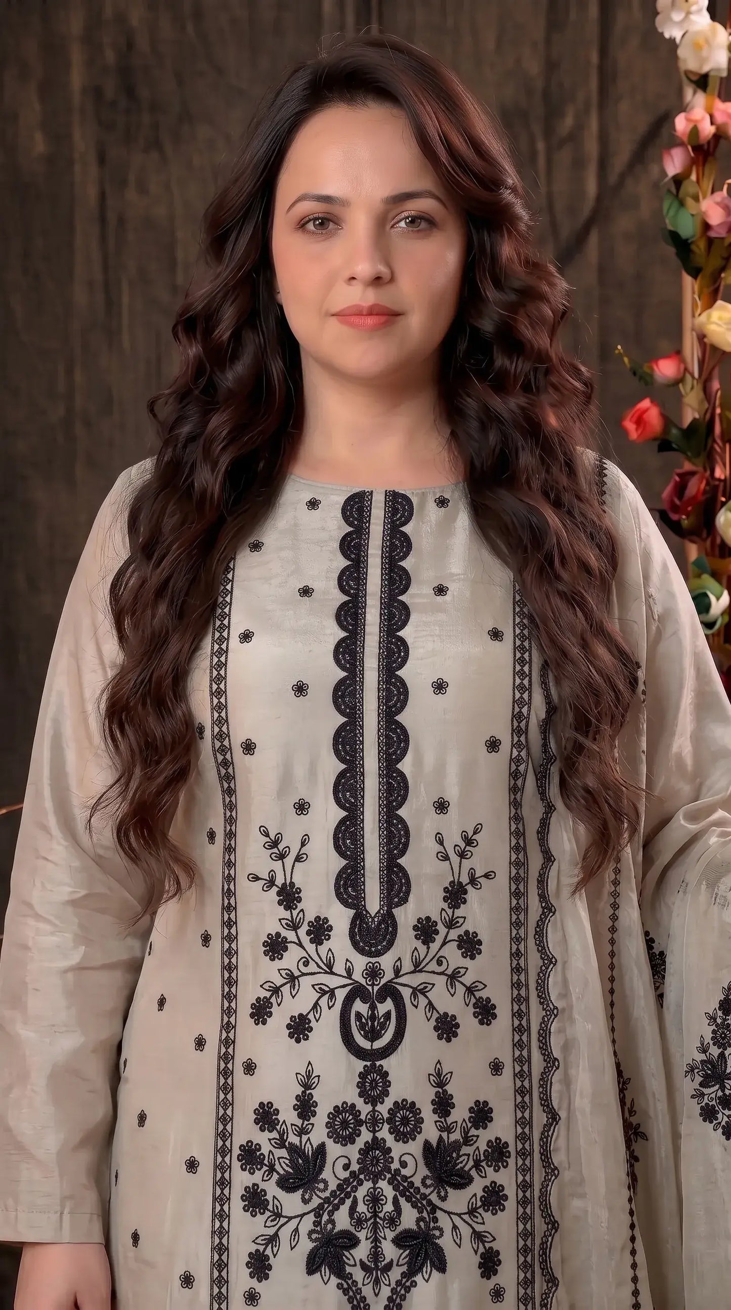 Premium Designer Ivory Tissue Suit with Black Hand Embroidery & Pearl Work