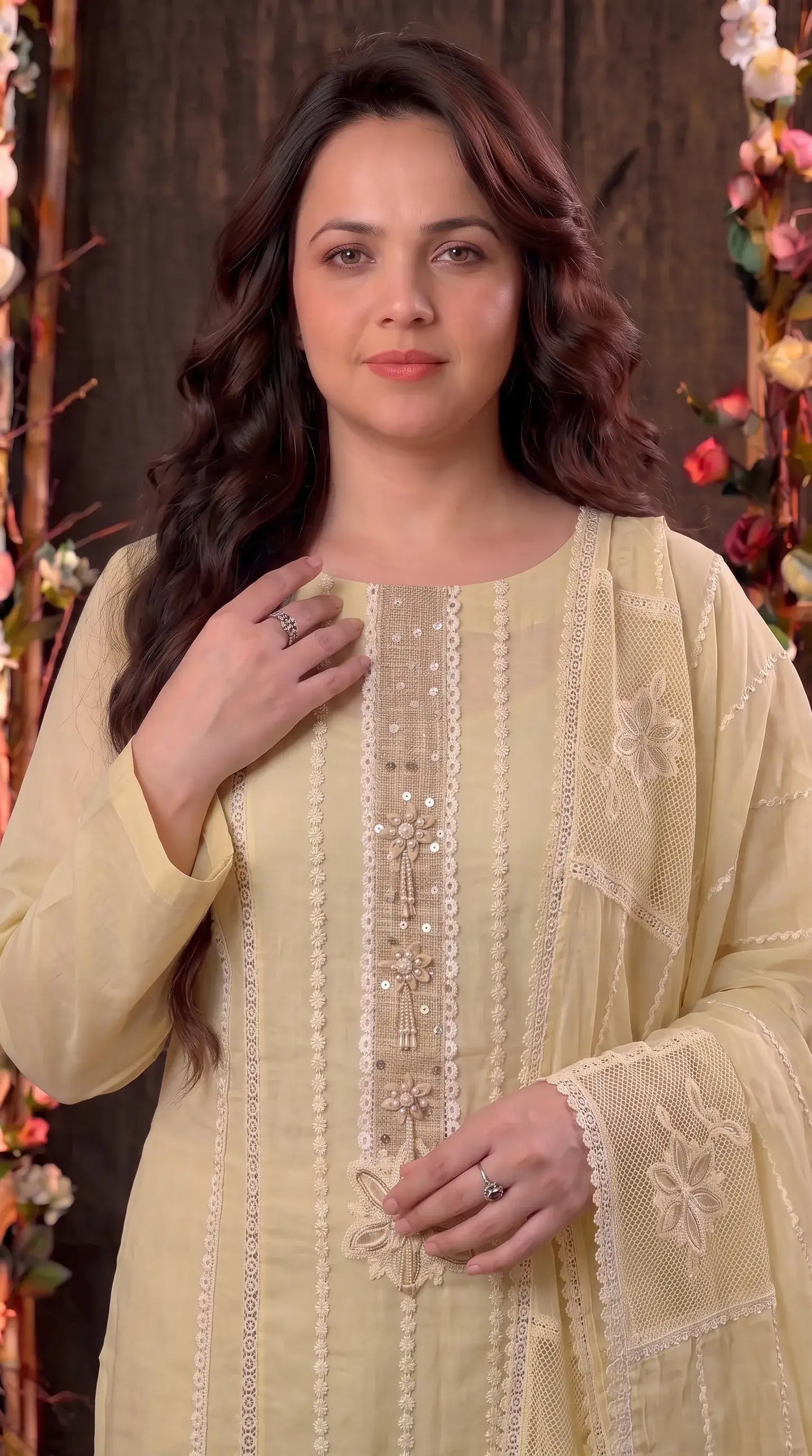 Premium Designer Butter Yellow Mal Chanderi Pearl-Work Suit
