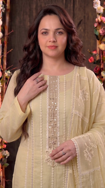 Premium Designer Butter Yellow Mal Chanderi Pearl-Work Suit