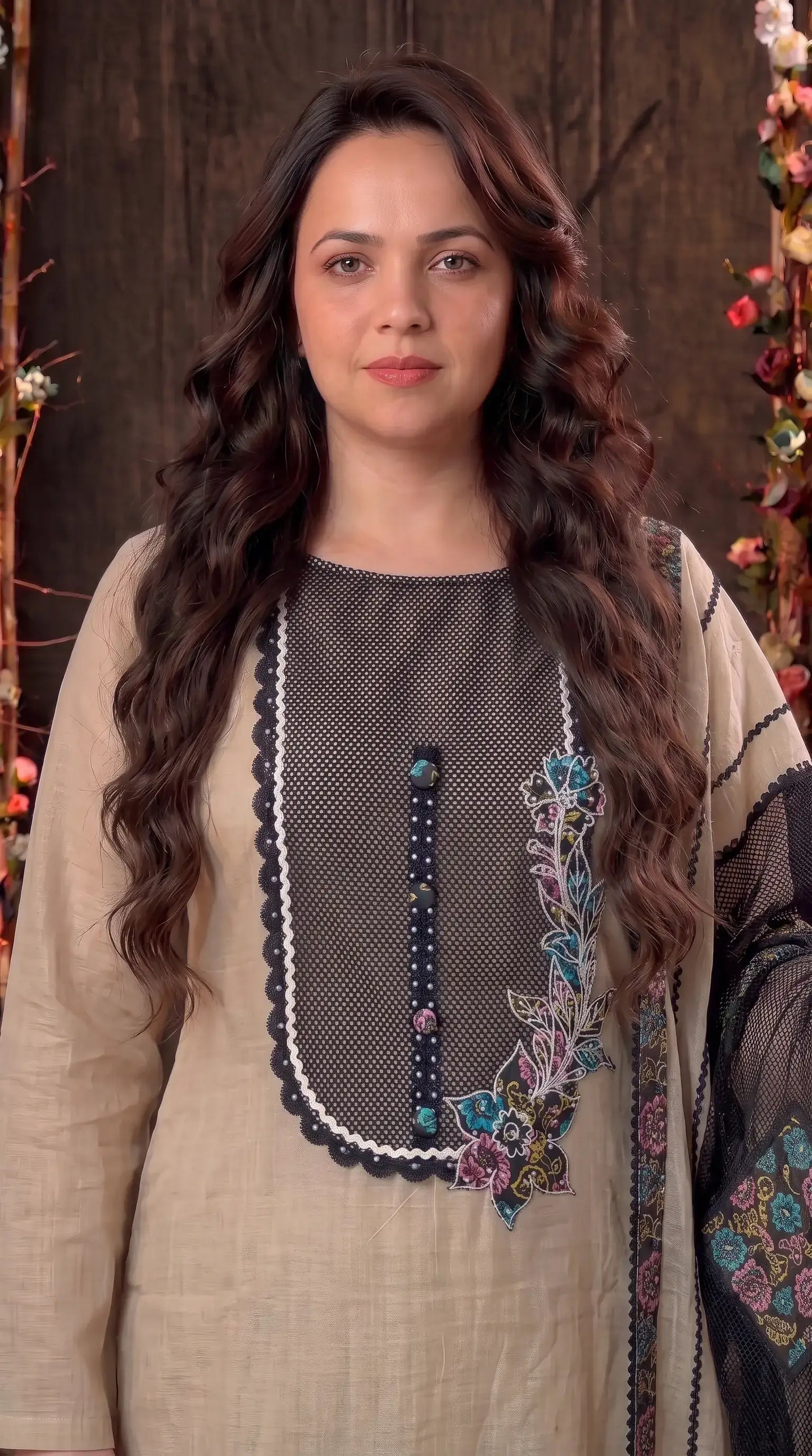Premium Designer Ivory Beige & Black Pearl-Work Floral Suit
