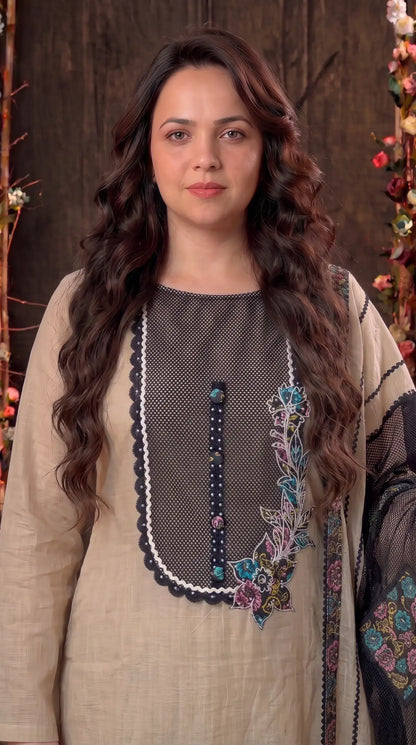 Premium Designer Ivory Beige & Black Pearl-Work Floral Suit