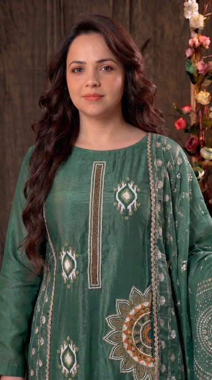 Premium Green Tissue Designer Suit with Elegant Dupatta