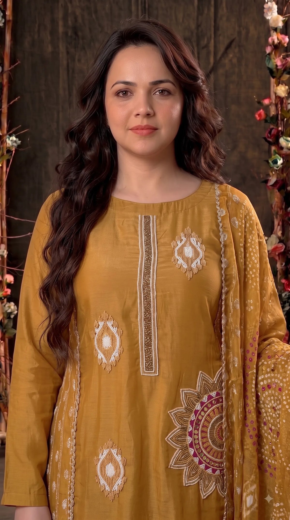 Premium Tissue Mustard Designer Suit with Pearl Detailing