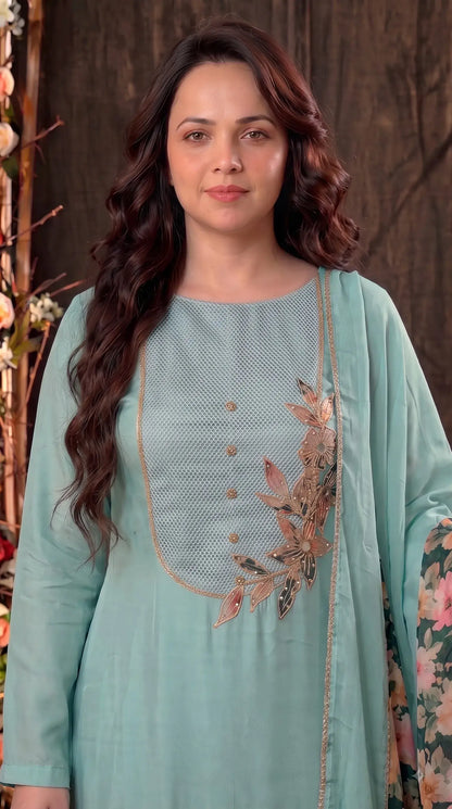 Premium Designer Aqua Blue Tissue Pakistani Designer Suit