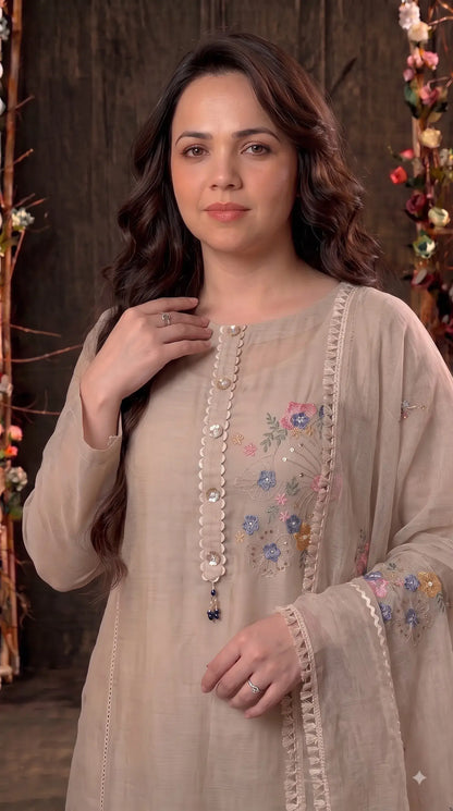 Premium Designer Beige Kota Pakistani Suit with Floral Embroidery
