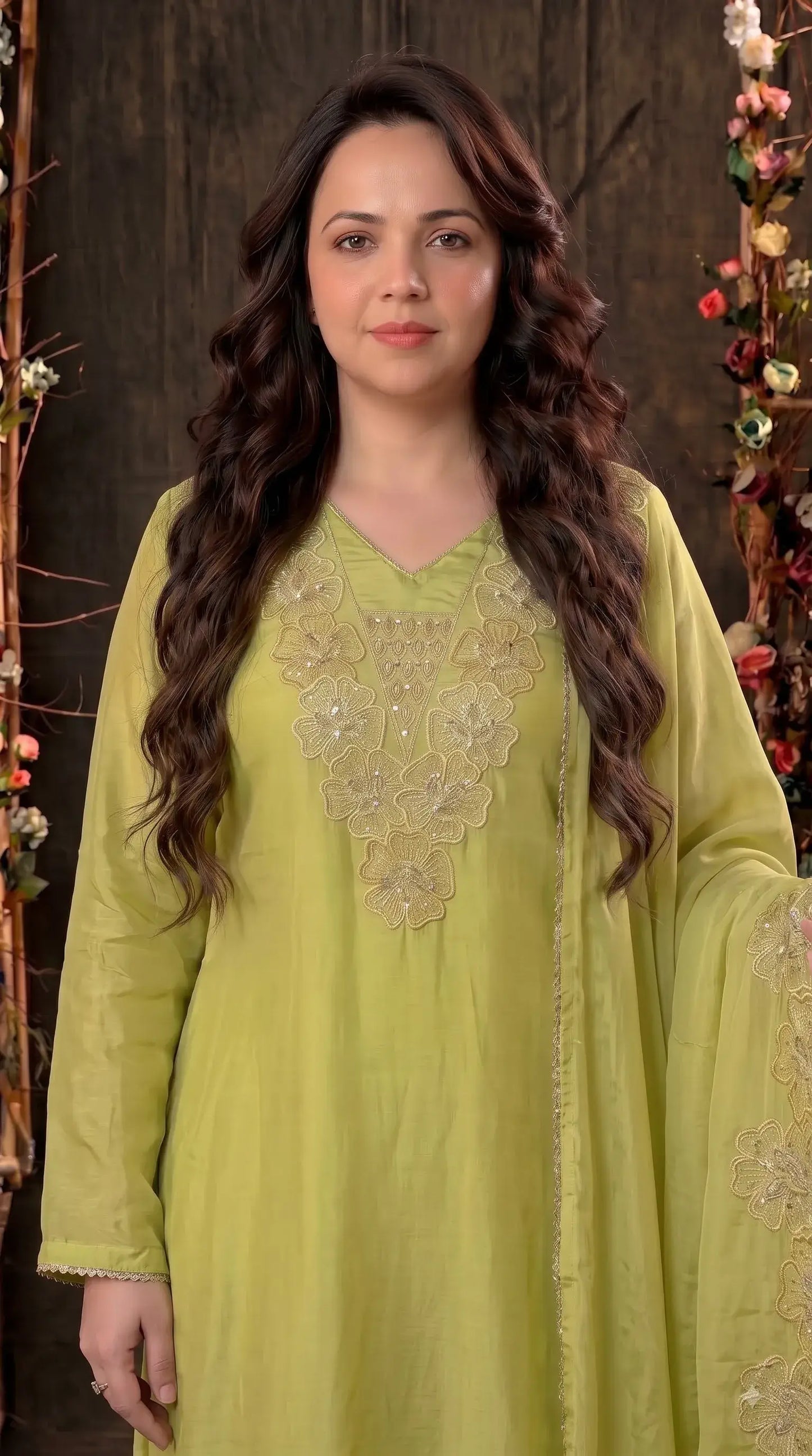 Premium Designer Lime Silk Pakistani Suit with Golden Floral Embroidery