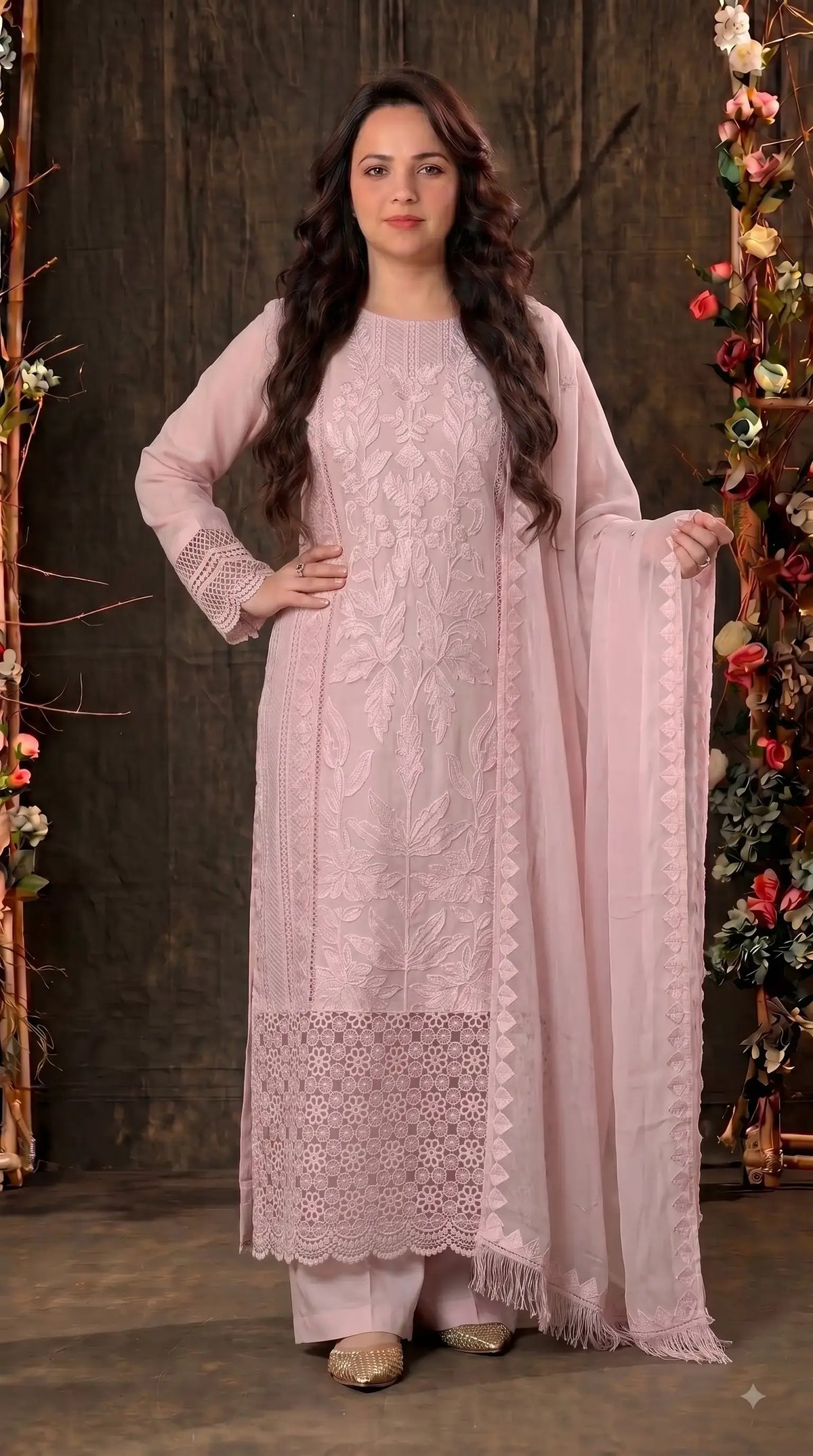 Premium Designer Soft Pink Soft Organza Suit with Appliqué Work