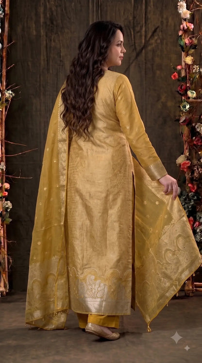 Pakistani Designer Yellow Shade Soft Tissue Suit with Bead & Paisley