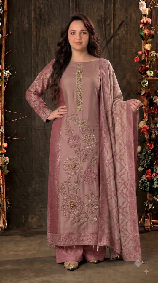 Premium Designer Dusty Rose Pink Banarasi Suit with Royal Floral Hand Work