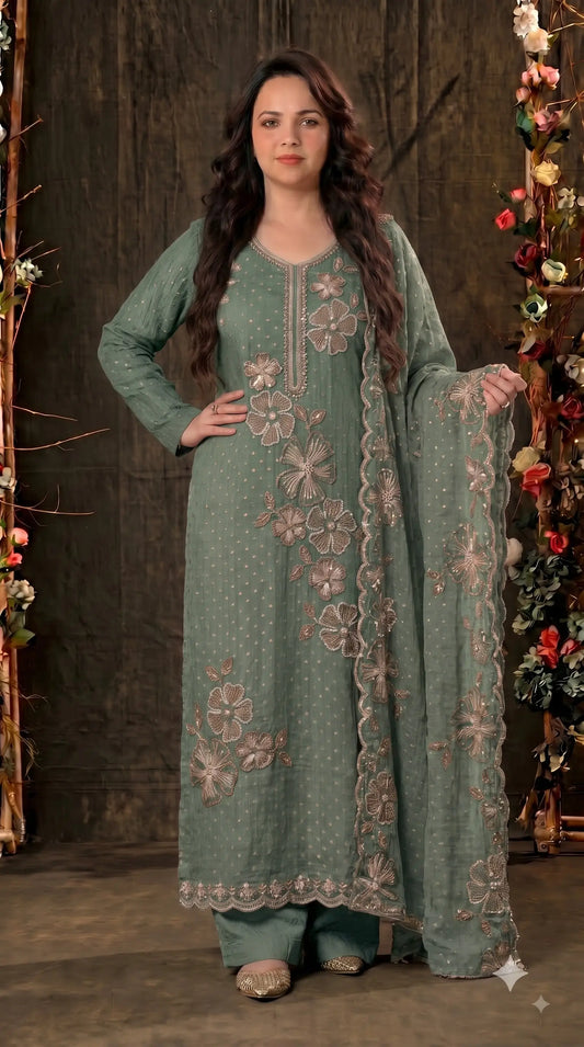 Pakistani Designer Sage Green Suit with Heavy Floral Handwork