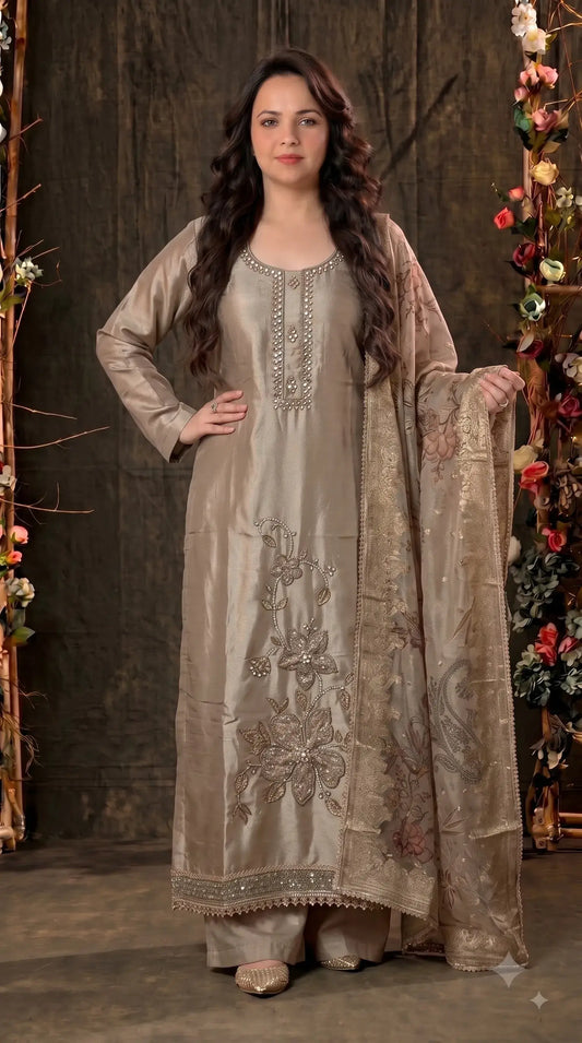 Premium Designer Beige-Gold Luxury Tissue Suit with Pearl, Sequin & Stone Floral Work