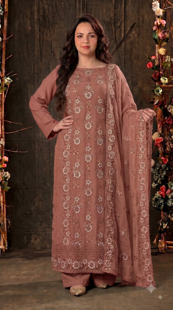 Pakistani Designer Rust Soft Crush Tissue Suit with Floral Embroidery, Pearl & Sequin Work