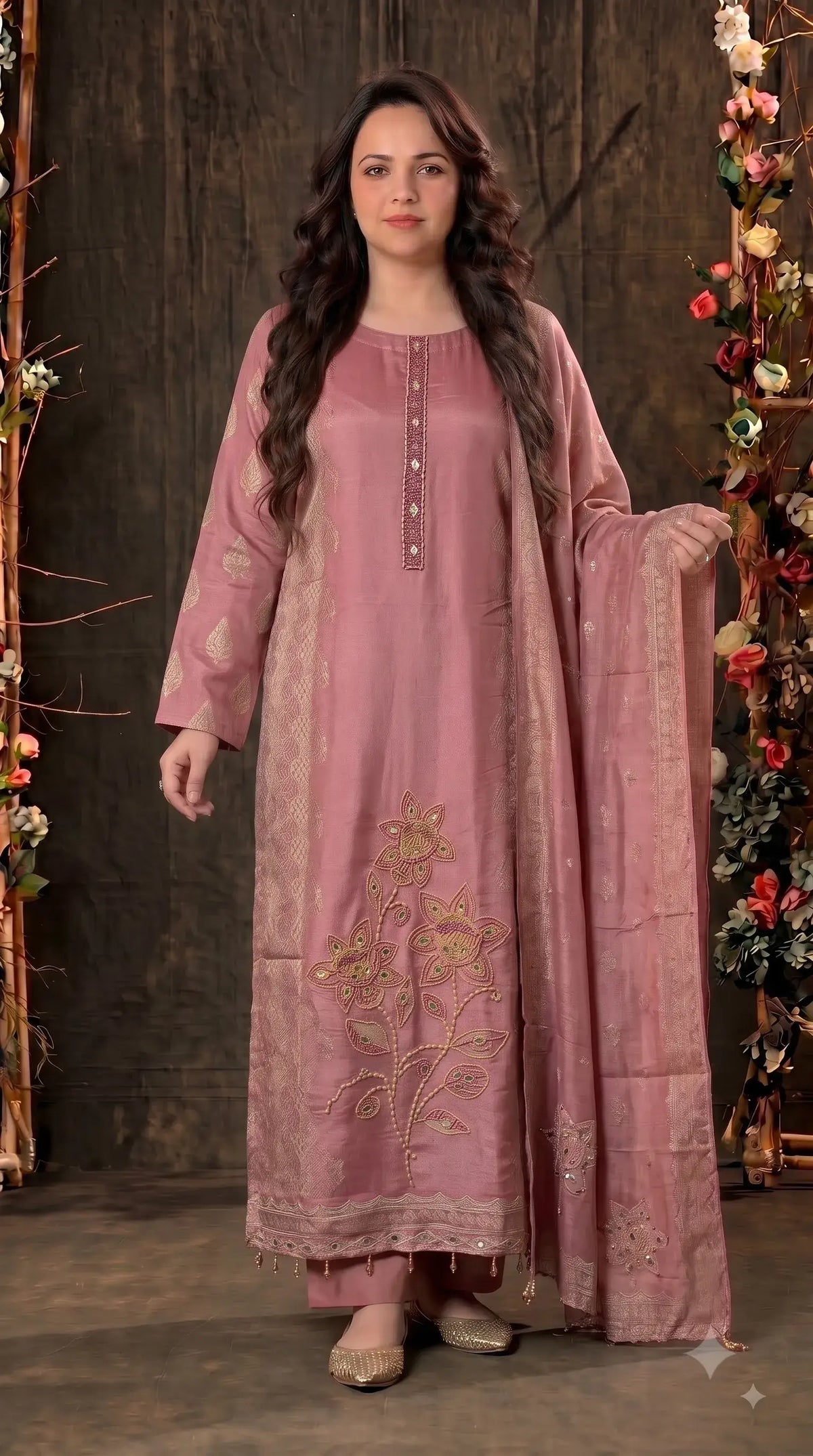 Pakistani Soft Pink Banarsi Pakistani Designer Suit with Floral Embroidery, Pearl, Bead & Mirror Work