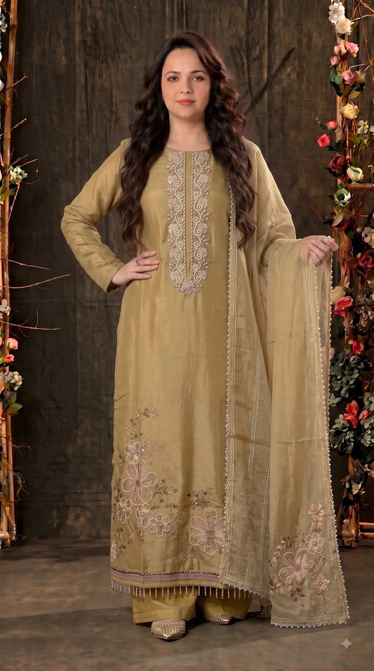 Premium Soft Mustard Yellow Tissue Pakistani Designer Suit with Floral Embroidery, Pearl & Sequin Handwork