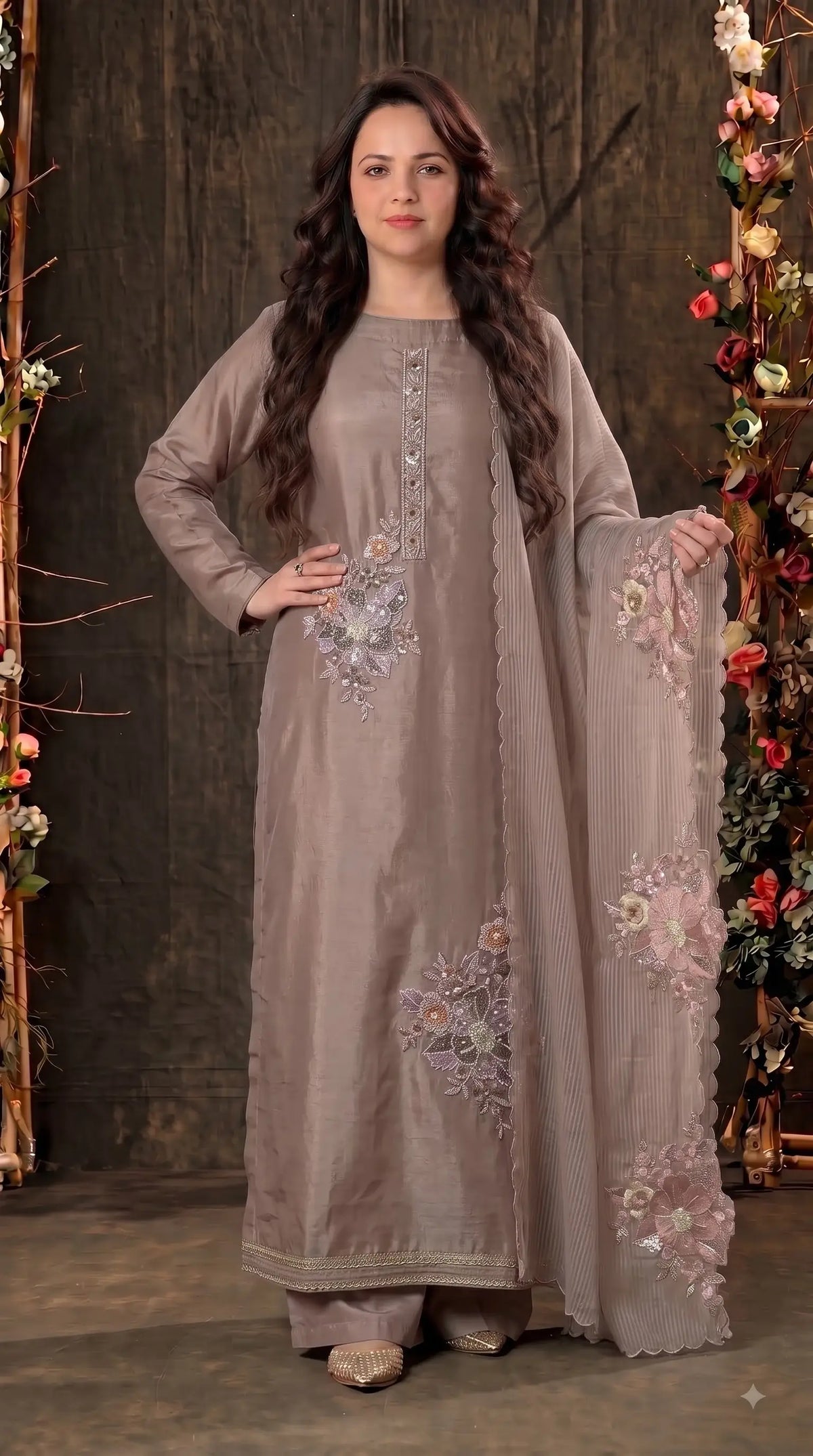 Premium Designer Mocha Taupe Organza Suit with 3D Floral Bead & Sequin Work