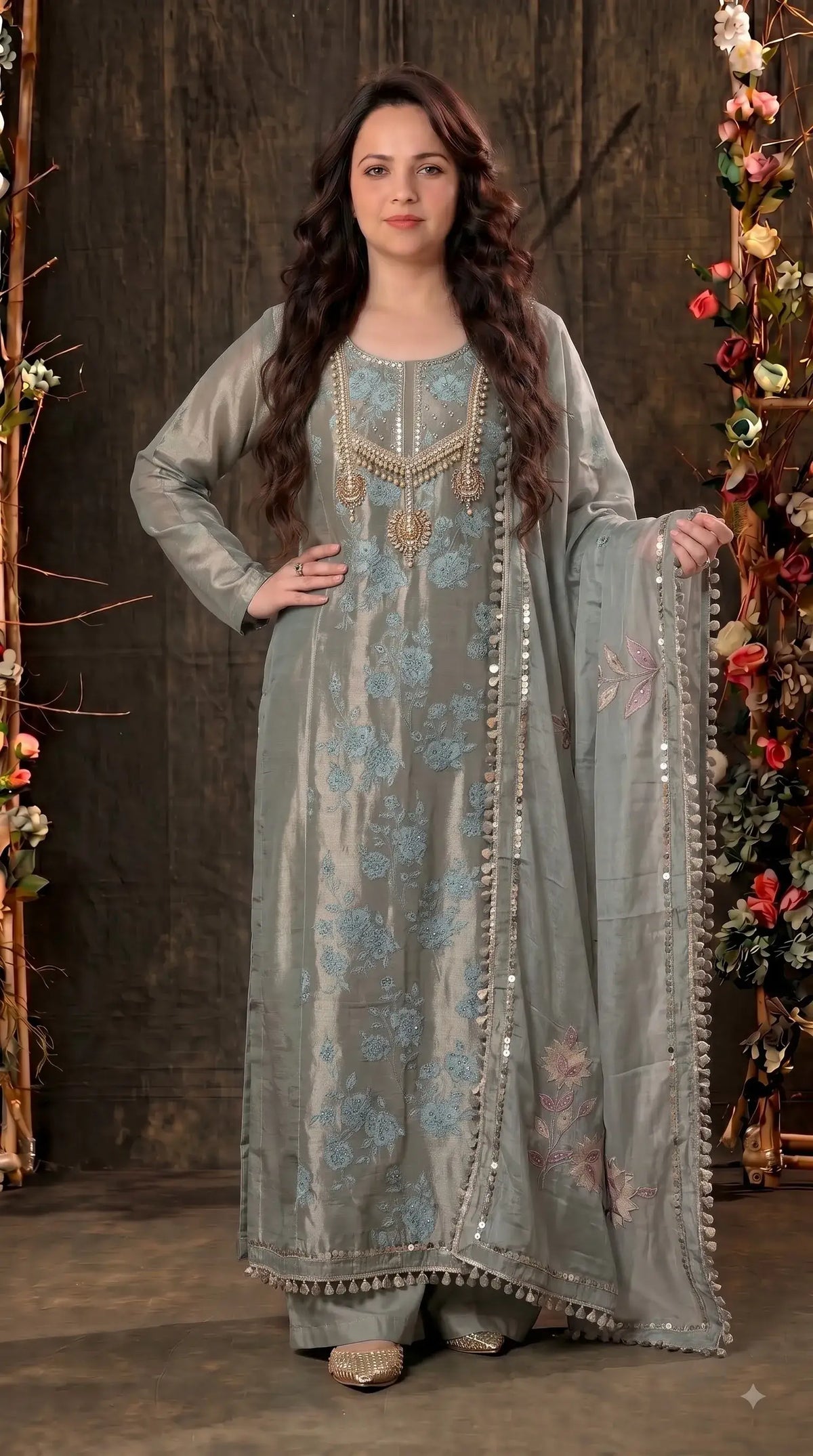 Premium Pastel Tissue Pakistani Designer Suit with Floral Embroidery, Pearl & Sequin Handwork