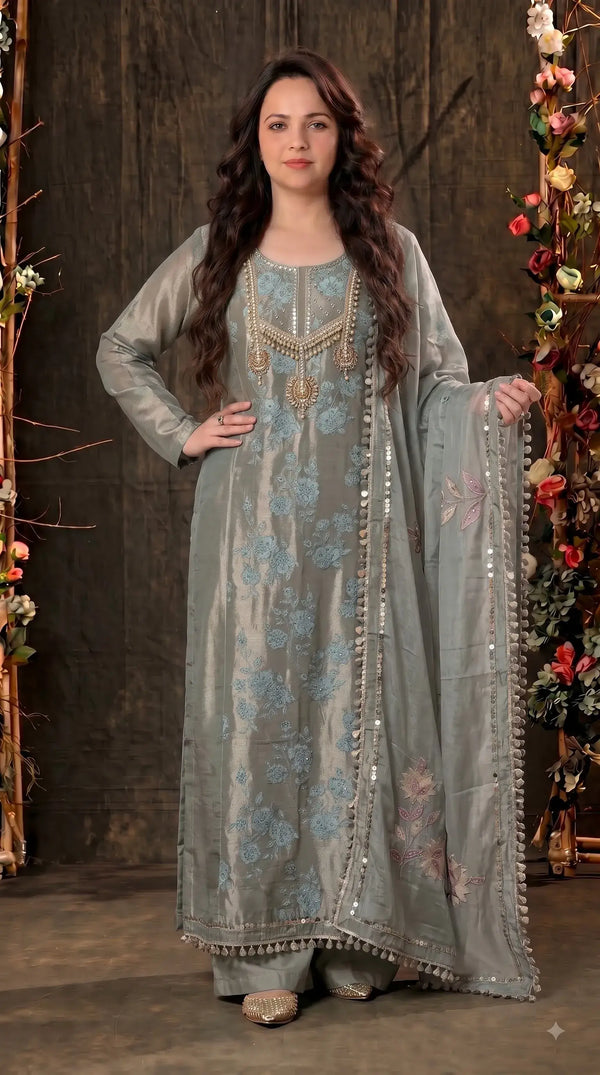 Premium Pastel Tissue Pakistani Designer Suit with Floral Embroidery, Pearl & Sequin Handwork