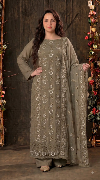 Premium Designer Olive Taupe Soft Crush Tissue Suit with Floral Embroidery, Pearl & Sequin Work